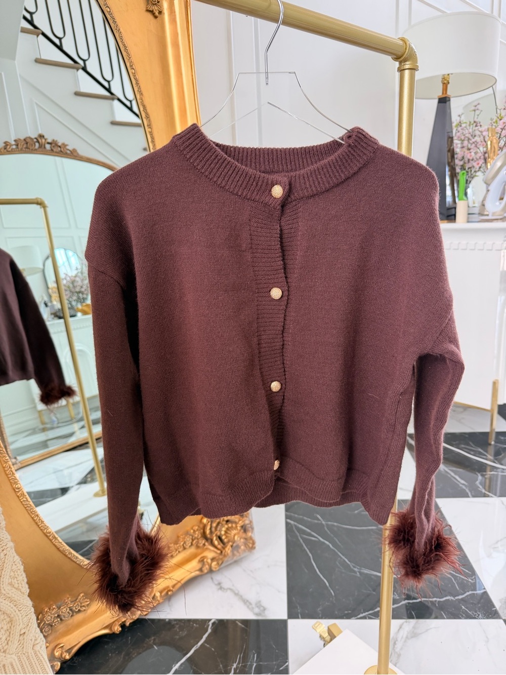 Amazon Women's Dark Brown Button-Front Cardigan with Fur Cuffs